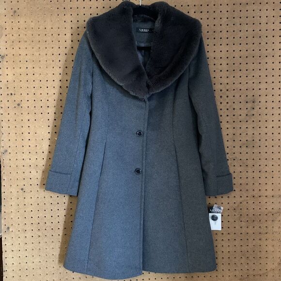 Lauren Ralph Lauren Womens Coat Grey Faux Fur Collar Fit & Flare Button Size 4